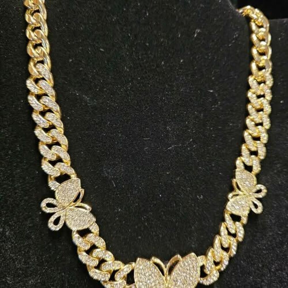 18" Cuban Style Gold over Butterfly necklace with pave CZ's
